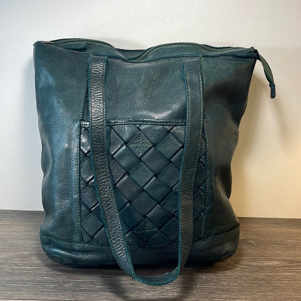 Vilenca Leather Woven Detail Tote Bag - Deep Teal